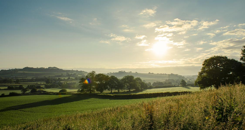 Photograph of sun rising over a Somerset landscape